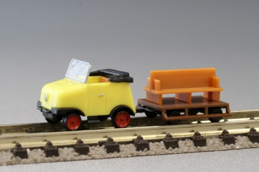 Schienentrabi, gelb, mit 2achsigem Anhänger, Bausatz